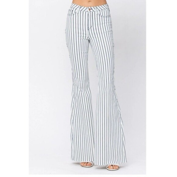 Judy Blue Denim - Size 15/32 Judy Blue JB Striped Jeans Super Flare Raw Hem White Navy Western